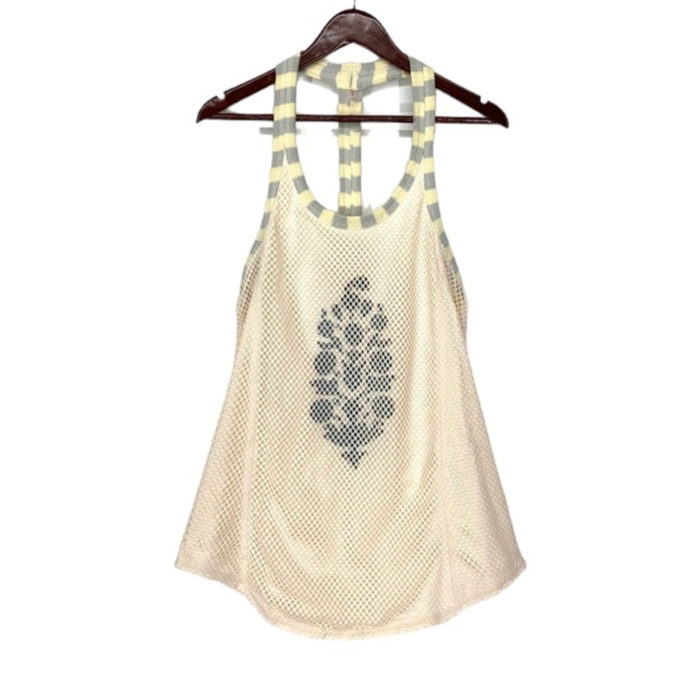 Free People Movement Mesh Layer Cream Yellow Gray T-Back Muscle Tank Top Nwot